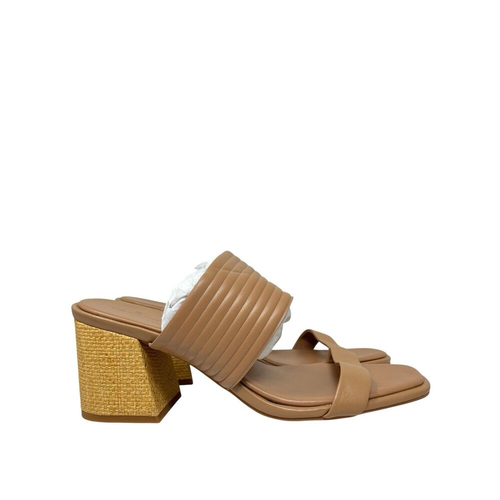 Caslon Leather Raffia Block Sandals Womens 11 Tan Heel Slip On Cnlamia-Lea